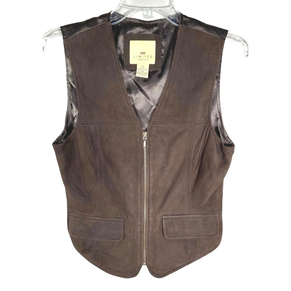 Vintage Limited America Suede Leather Vest Womens S Brown Zip V-Neck Y2K 90s